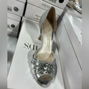 David's Bridal Silver Peep-Toe D'Orsay Heels with Crystal Accents